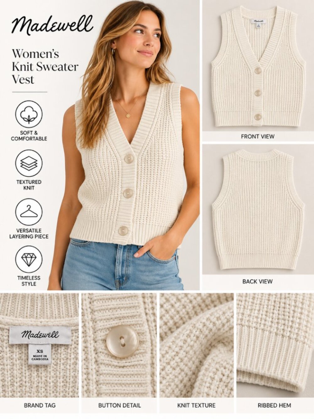 Madewell Textured Knit Button-Front Sweater Vest - Cream / Ivory (Size XS)